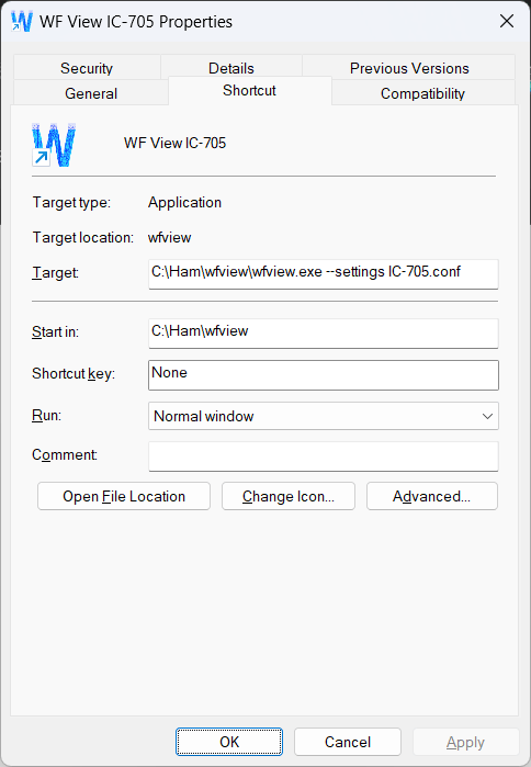 Windows 下指定 settings 参数的 wfview 快捷方式。