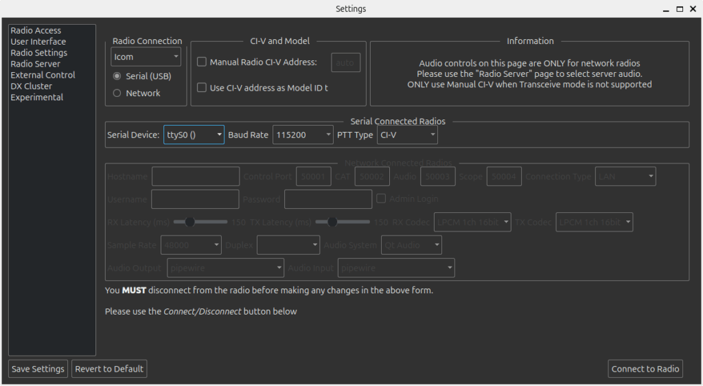 wfview showing Icom USB Serial connection