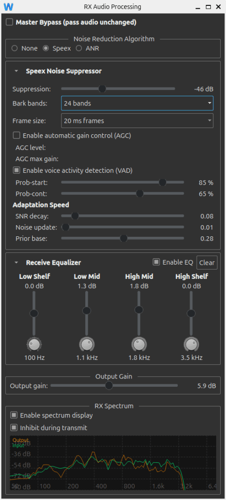 wfview receive audio processor showing speex noise reduction
