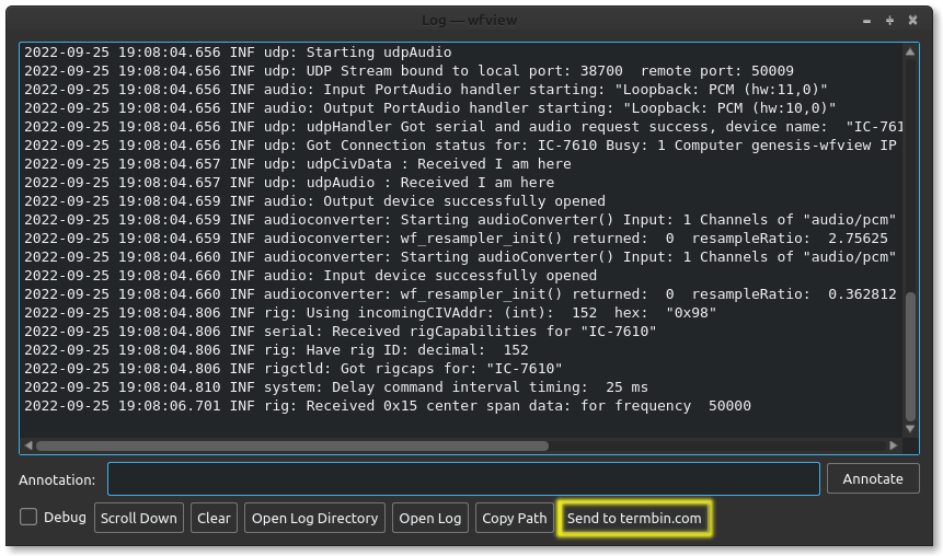 显示了 termbin 按钮的 wfview 日志窗口