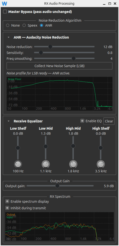 wfview receive audio processor showing Audacity noise reduction